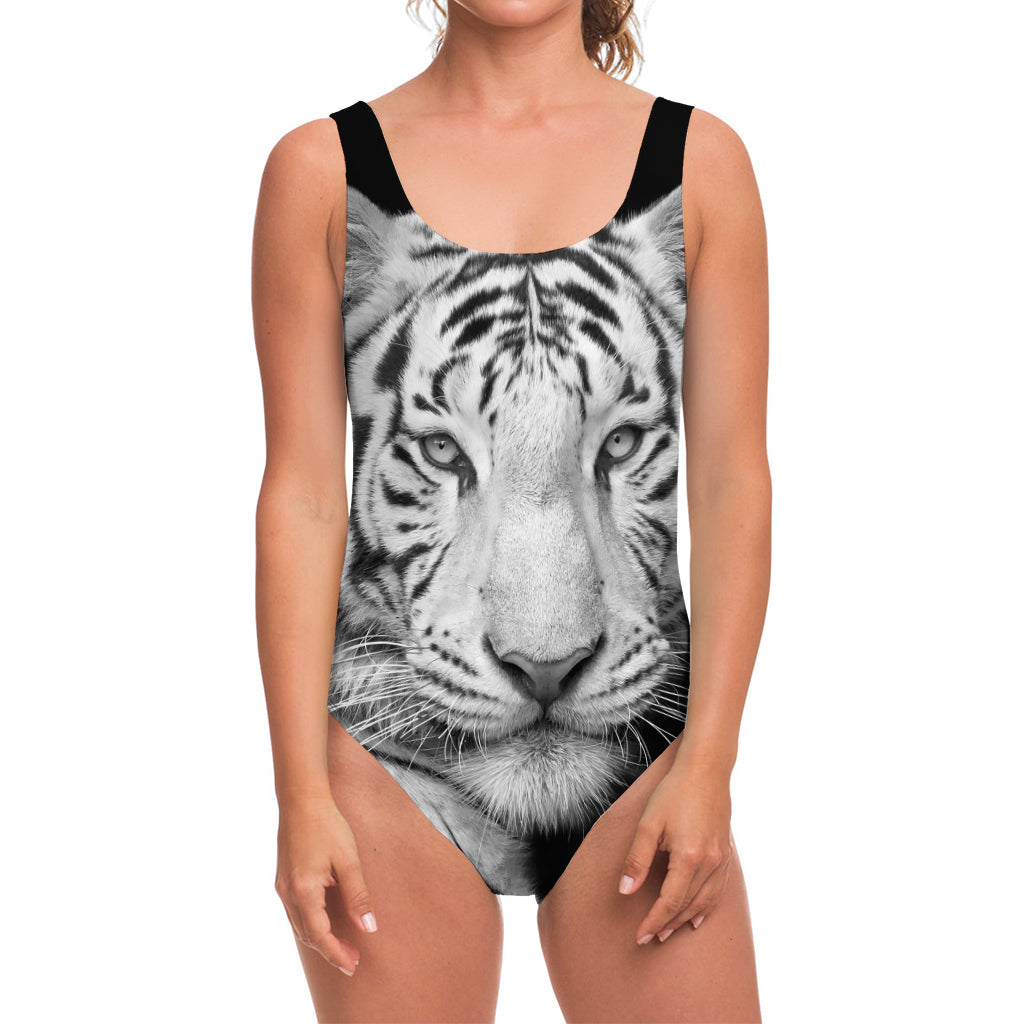 Monochrome White Bengal Tiger Print One Piece Swimsuit