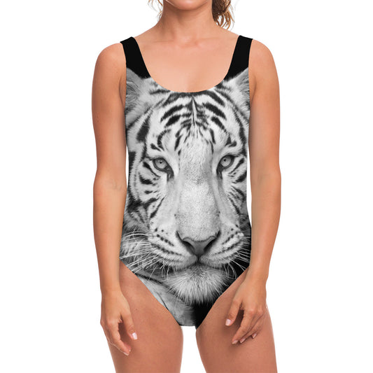 Monochrome White Bengal Tiger Print One Piece Swimsuit