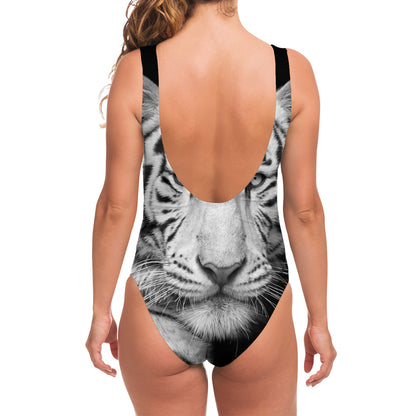 Monochrome White Bengal Tiger Print One Piece Swimsuit