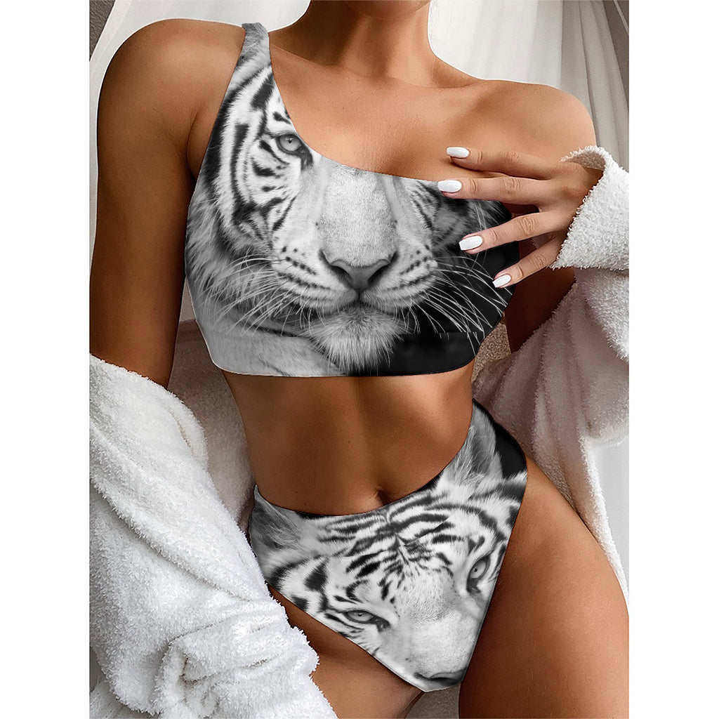 Monochrome White Bengal Tiger Print One Shoulder Bikini Top