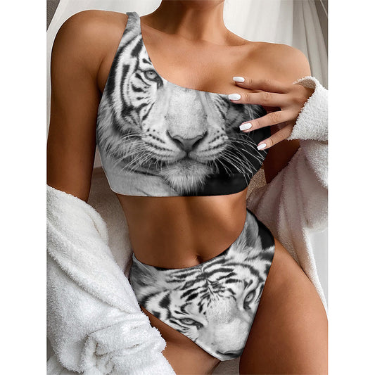 Monochrome White Bengal Tiger Print One Shoulder Bikini Top