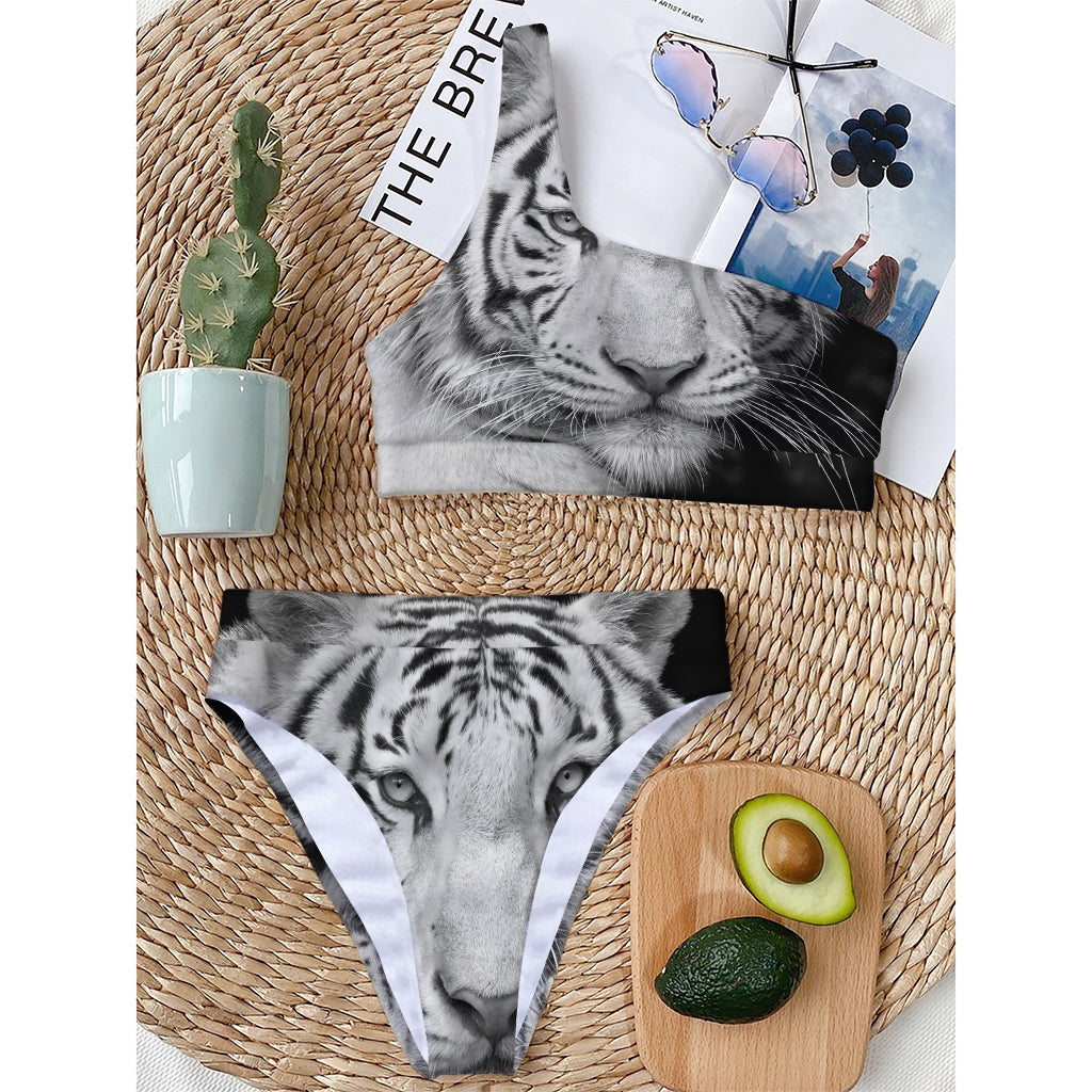 Monochrome White Bengal Tiger Print One Shoulder Bikini Top