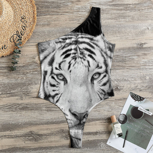 Monochrome White Bengal Tiger Print One Shoulder Bodysuit