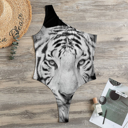 Monochrome White Bengal Tiger Print One Shoulder Bodysuit