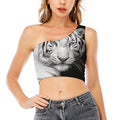 Monochrome White Bengal Tiger Print One Shoulder Crop Top