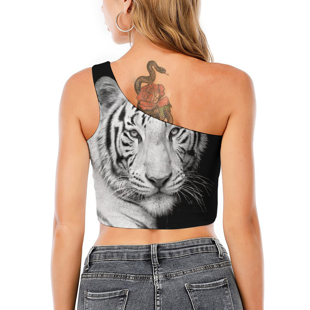 Monochrome White Bengal Tiger Print One Shoulder Crop Top