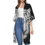 Monochrome White Bengal Tiger Print Open Front Beach Cover Up