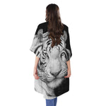 Monochrome White Bengal Tiger Print Open Front Beach Cover Up