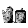 Monochrome White Bengal Tiger Print Oven Mitt And Pot Holder Set