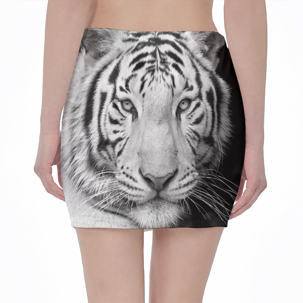 Monochrome White Bengal Tiger Print Pencil Mini Skirt