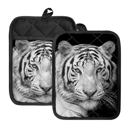 Monochrome White Bengal Tiger Print Pot Holders With Pocket
