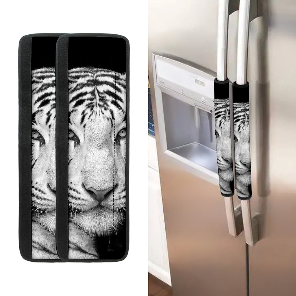Monochrome White Bengal Tiger Print Refrigerator Handle Covers