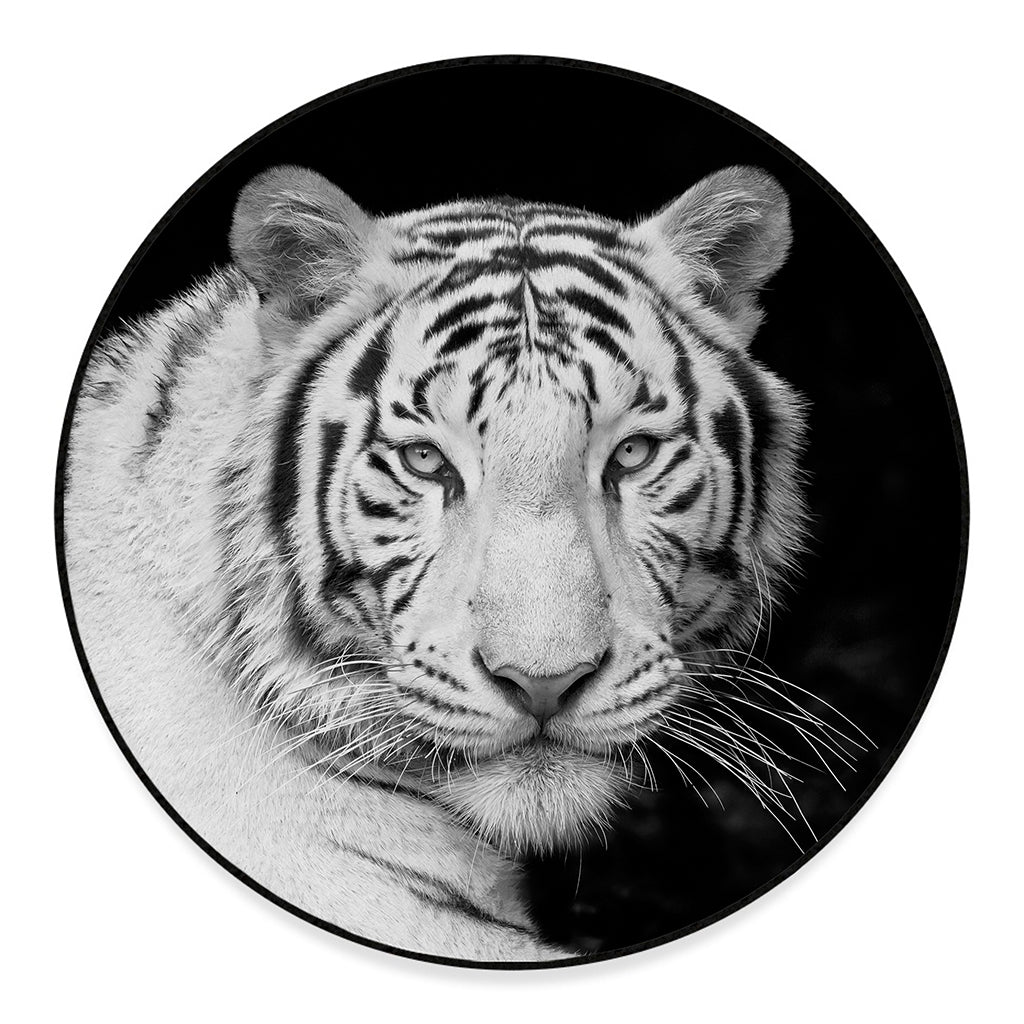 Monochrome White Bengal Tiger Print Round Floor Mat