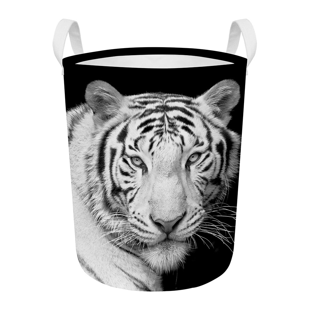 Monochrome White Bengal Tiger Print Round Laundry Basket
