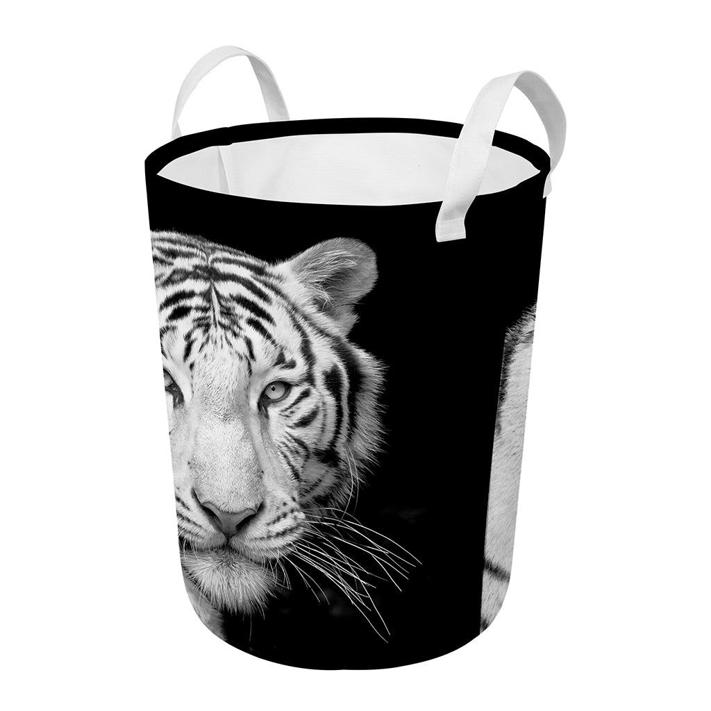 Monochrome White Bengal Tiger Print Round Laundry Basket