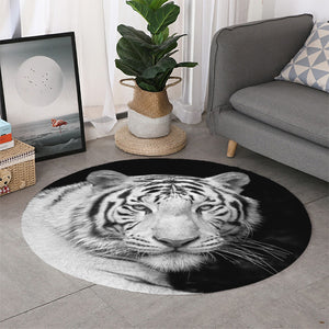 Monochrome White Bengal Tiger Print Round Rug
