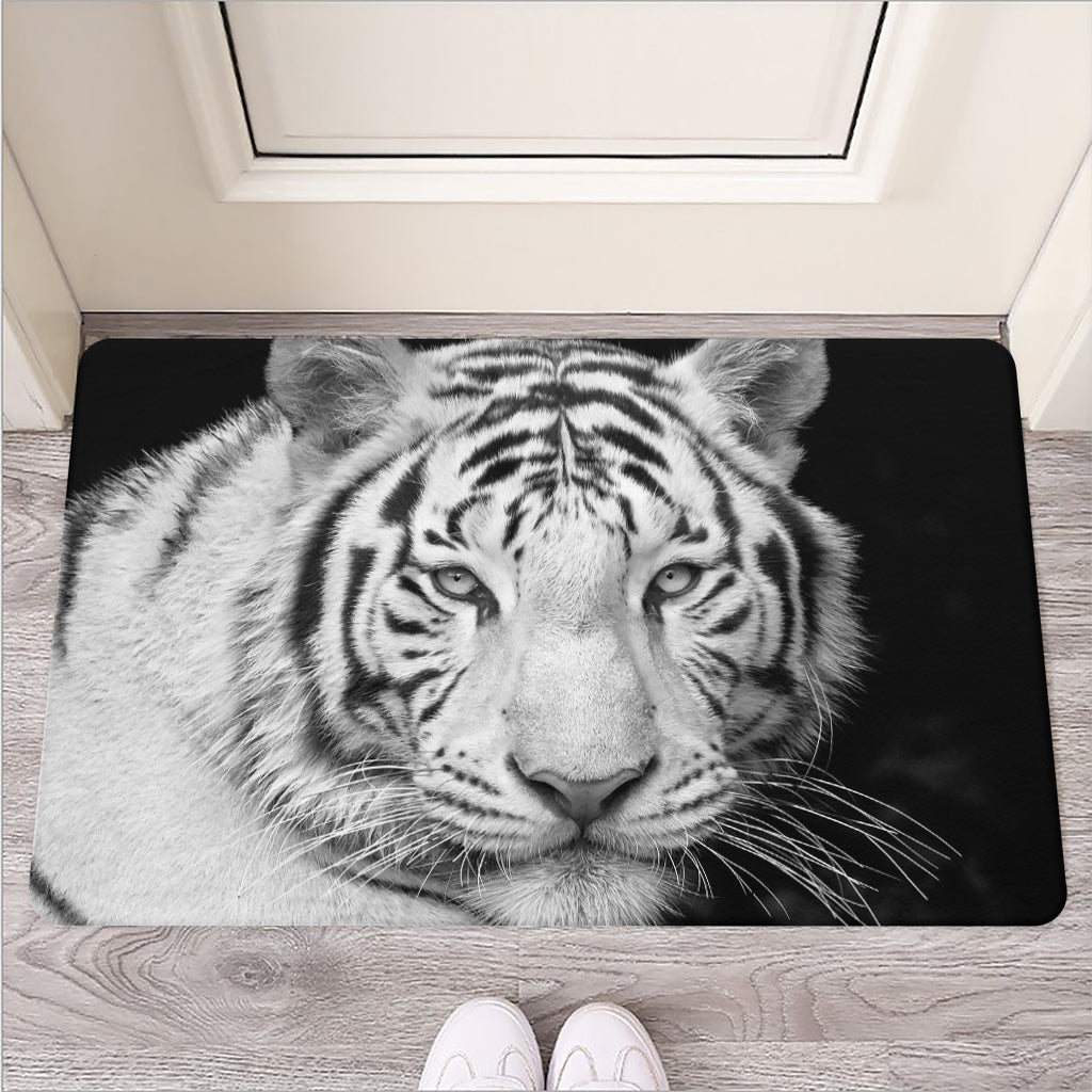 Monochrome White Bengal Tiger Print Rubber Doormat