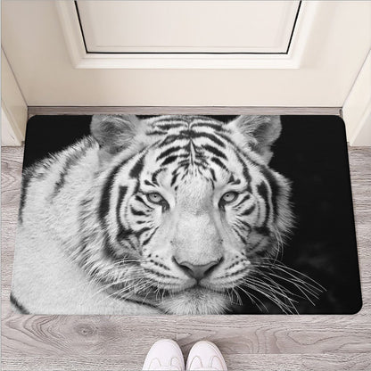 Monochrome White Bengal Tiger Print Rubber Doormat