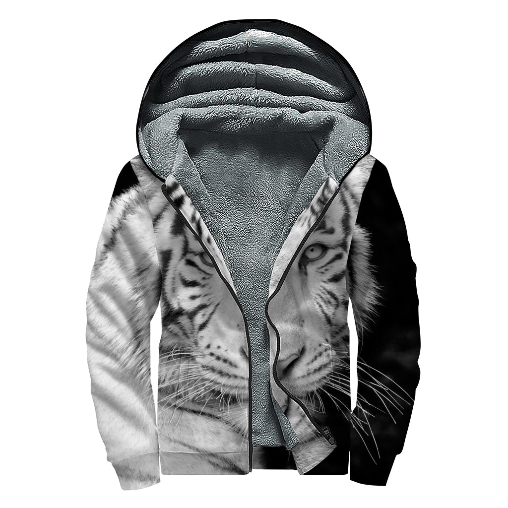 Monochrome White Bengal Tiger Print Sherpa Lined Zip Up Hoodie