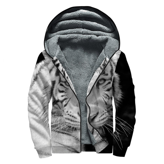 Monochrome White Bengal Tiger Print Sherpa Lined Zip Up Hoodie