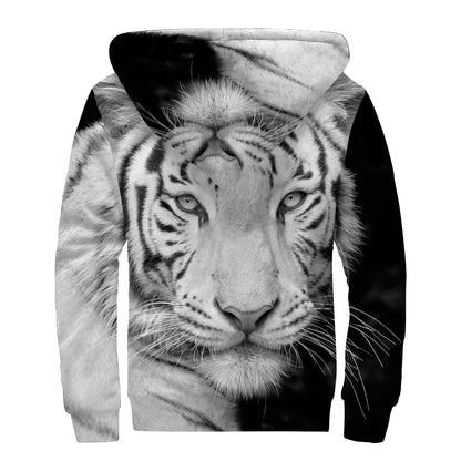 Monochrome White Bengal Tiger Print Sherpa Lined Zip Up Hoodie