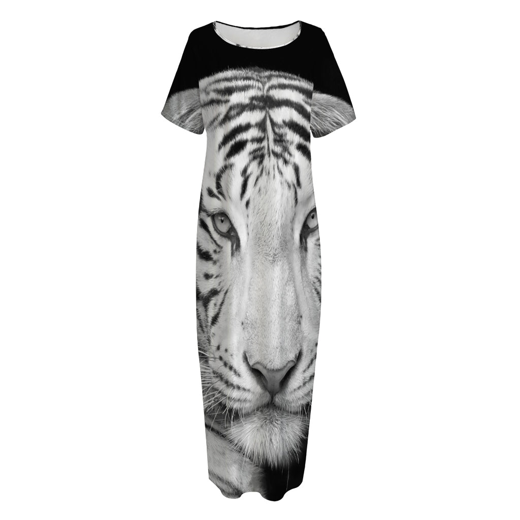 Monochrome White Bengal Tiger Print Short Sleeve Long Nightdress