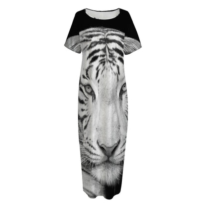 Monochrome White Bengal Tiger Print Short Sleeve Long Nightdress