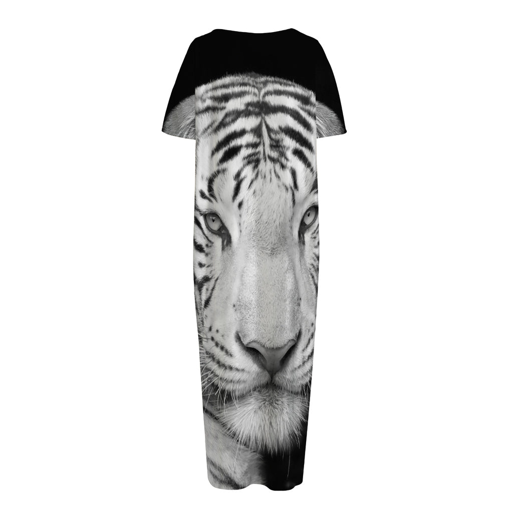 Monochrome White Bengal Tiger Print Short Sleeve Long Nightdress