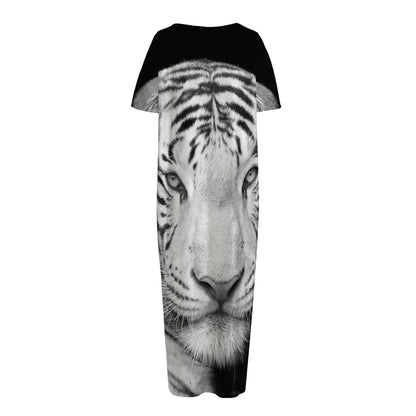 Monochrome White Bengal Tiger Print Short Sleeve Long Nightdress
