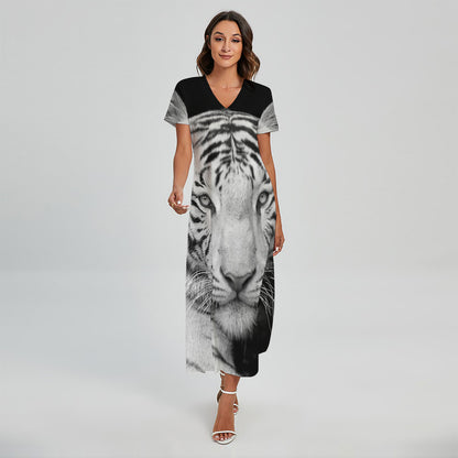 Monochrome White Bengal Tiger Print Short Sleeve Maxi Dress