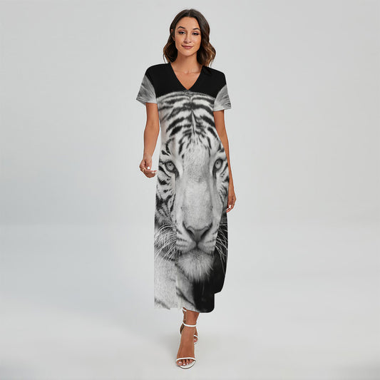 Monochrome White Bengal Tiger Print Short Sleeve Maxi Dress