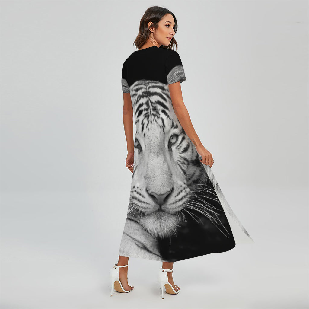Monochrome White Bengal Tiger Print Short Sleeve Maxi Dress