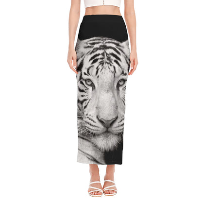 Monochrome White Bengal Tiger Print Side Slit Maxi Skirt