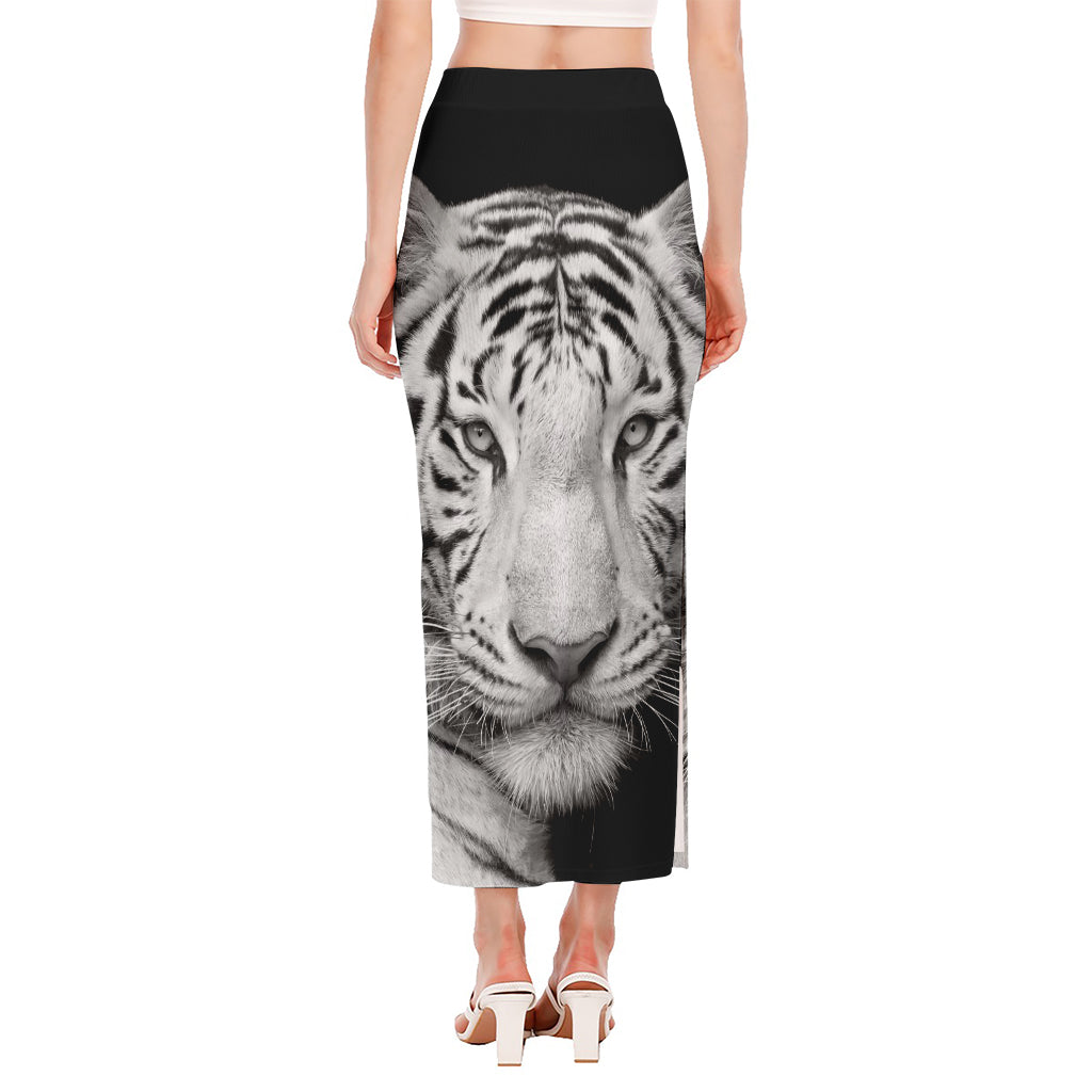 Monochrome White Bengal Tiger Print Side Slit Maxi Skirt