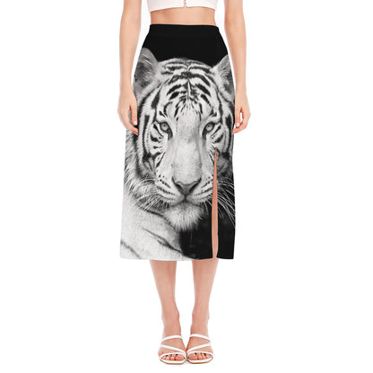 Monochrome White Bengal Tiger Print Side Slit Midi Skirt
