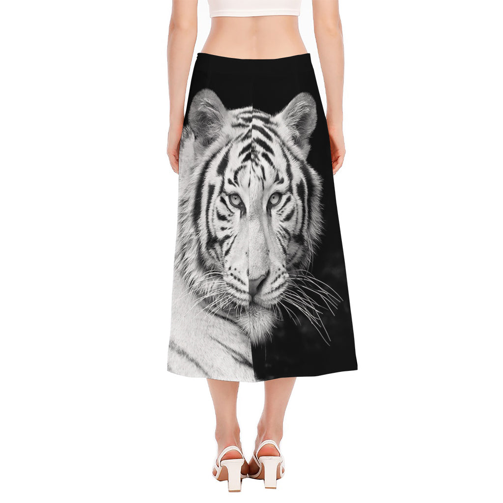 Monochrome White Bengal Tiger Print Side Slit Midi Skirt