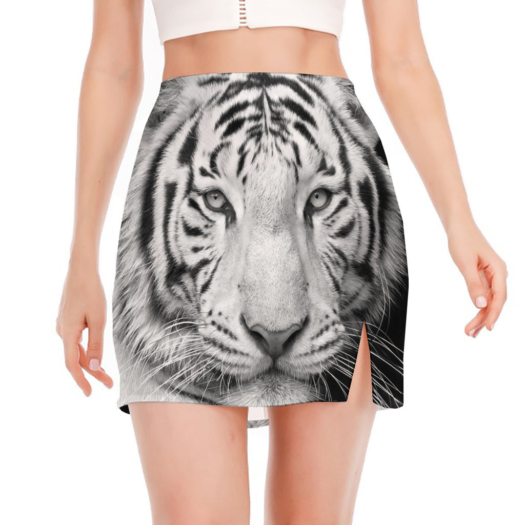 Monochrome White Bengal Tiger Print Side Slit Mini Skirt