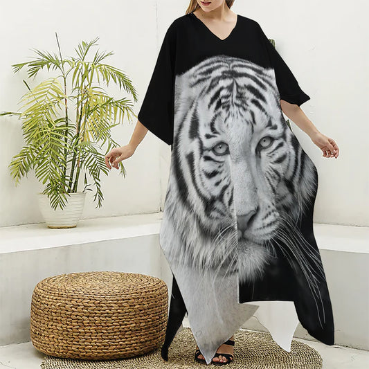 Monochrome White Bengal Tiger Print Silk V-Neck Kaftan Dress