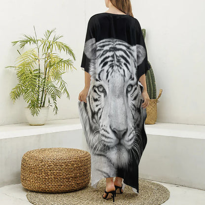 Monochrome White Bengal Tiger Print Silk V-Neck Kaftan Dress