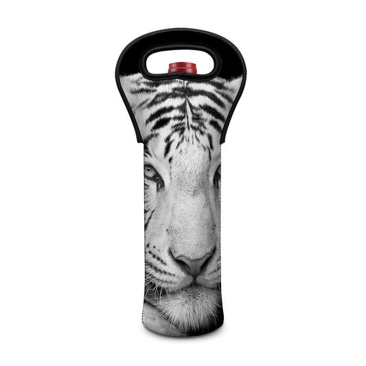 Monochrome White Bengal Tiger Print Single Neoprene Wine Tote