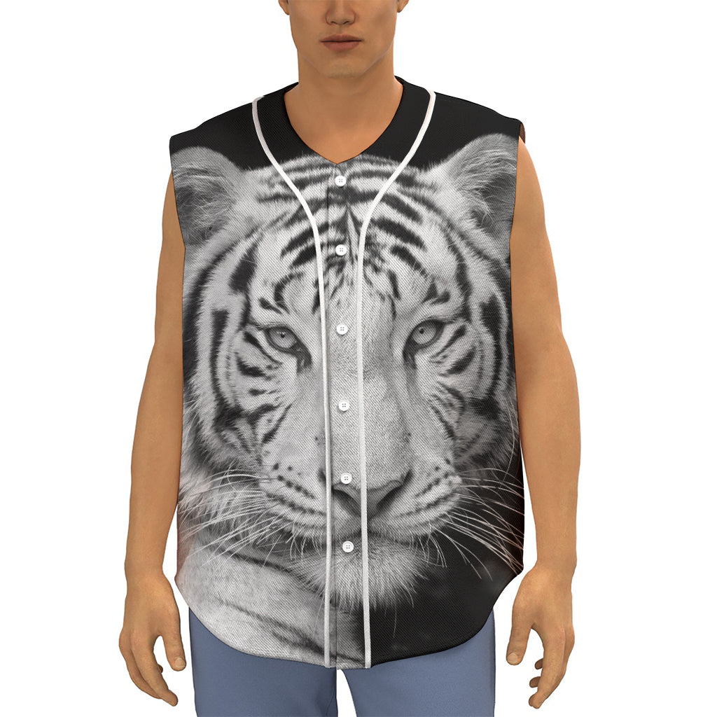 Monochrome White Bengal Tiger Print Sleeveless Baseball Jersey