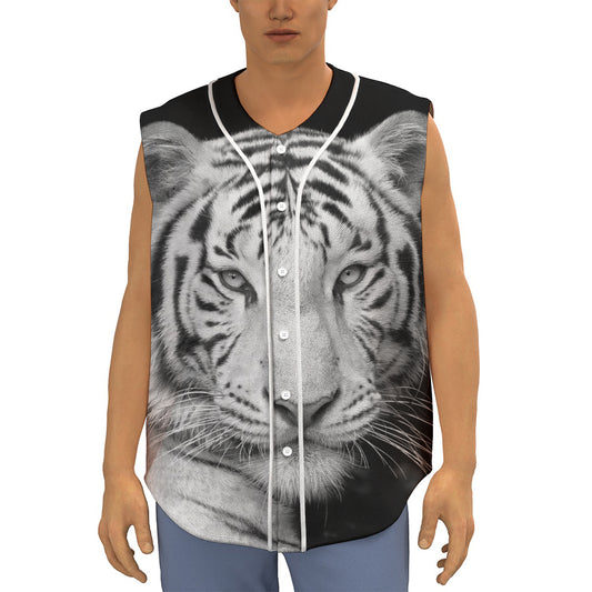 Monochrome White Bengal Tiger Print Sleeveless Baseball Jersey