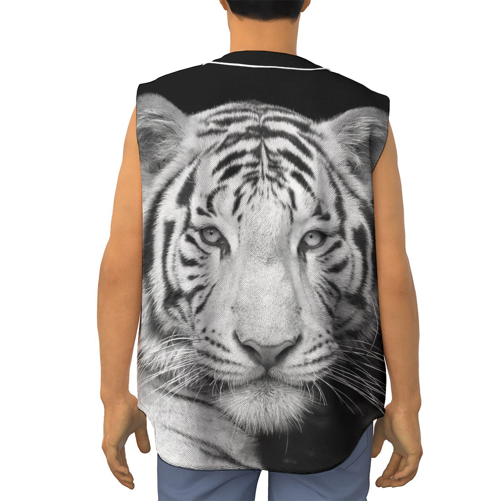 Monochrome White Bengal Tiger Print Sleeveless Baseball Jersey