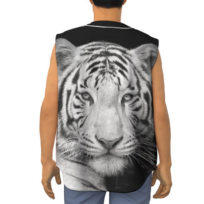 Monochrome White Bengal Tiger Print Sleeveless Baseball Jersey