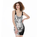 Monochrome White Bengal Tiger Print Sleeveless Bodycon Dress