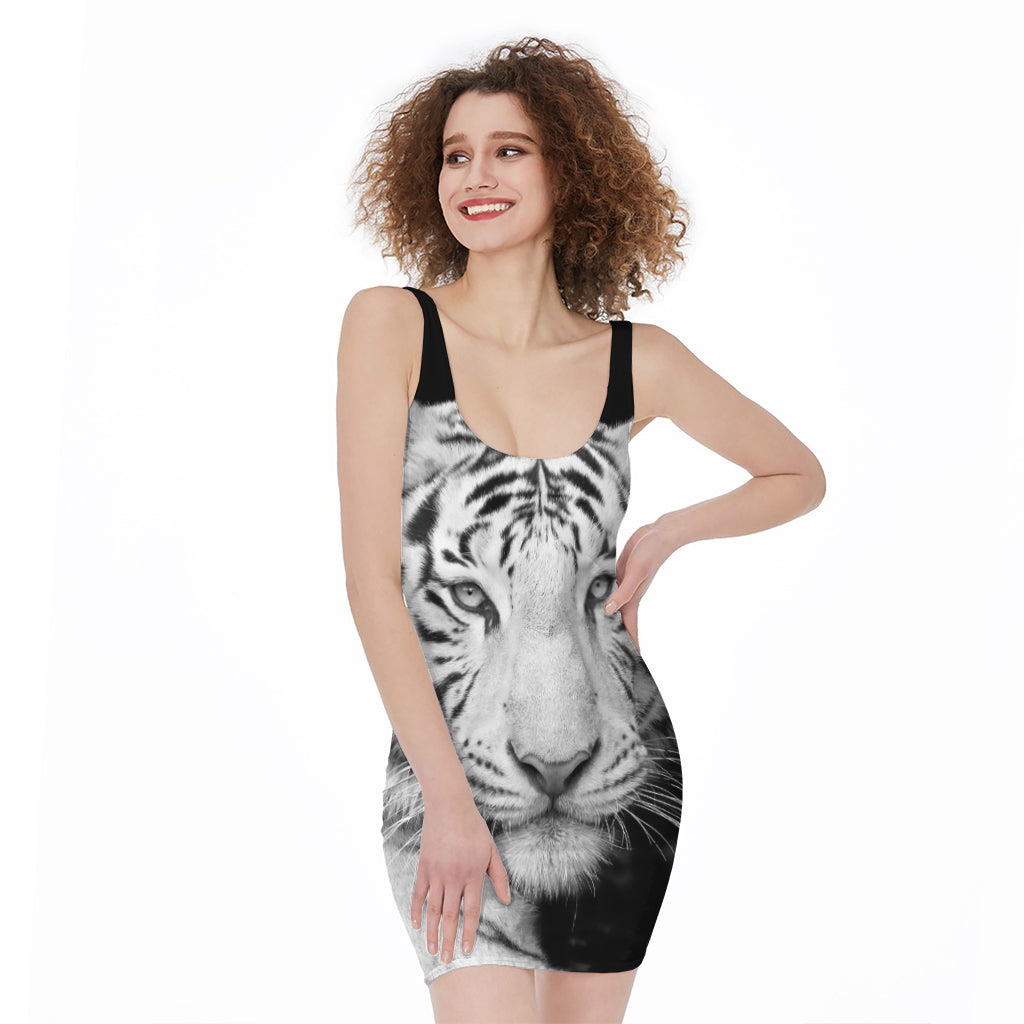 Monochrome White Bengal Tiger Print Sleeveless Bodycon Dress