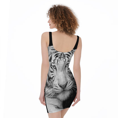 Monochrome White Bengal Tiger Print Sleeveless Bodycon Dress