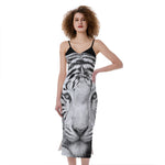 Monochrome White Bengal Tiger Print Slim Fit Midi Cami Dress
