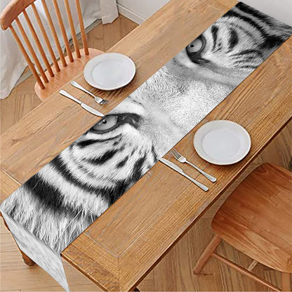 Monochrome White Bengal Tiger Print Table Runner