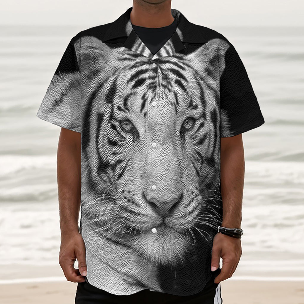 Monochrome White Bengal Tiger Print Textured Short Sleeve Shirt